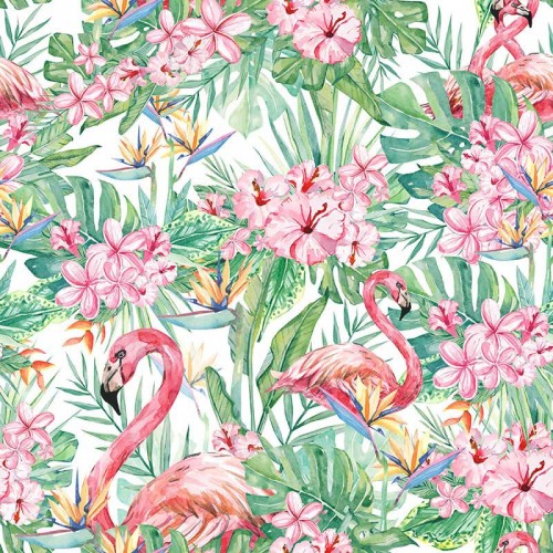 Flamingos zwischen tropischen Blumen und Blättern