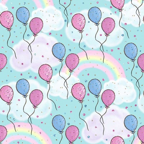 Phillette und rosa Luftballons auf türkisem Hintergrund mit Regenbögen