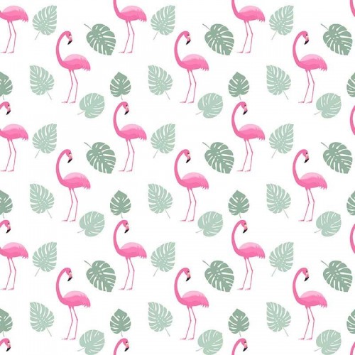 Flamingos und grüne Palmenblätter auf weißem Hintergrund